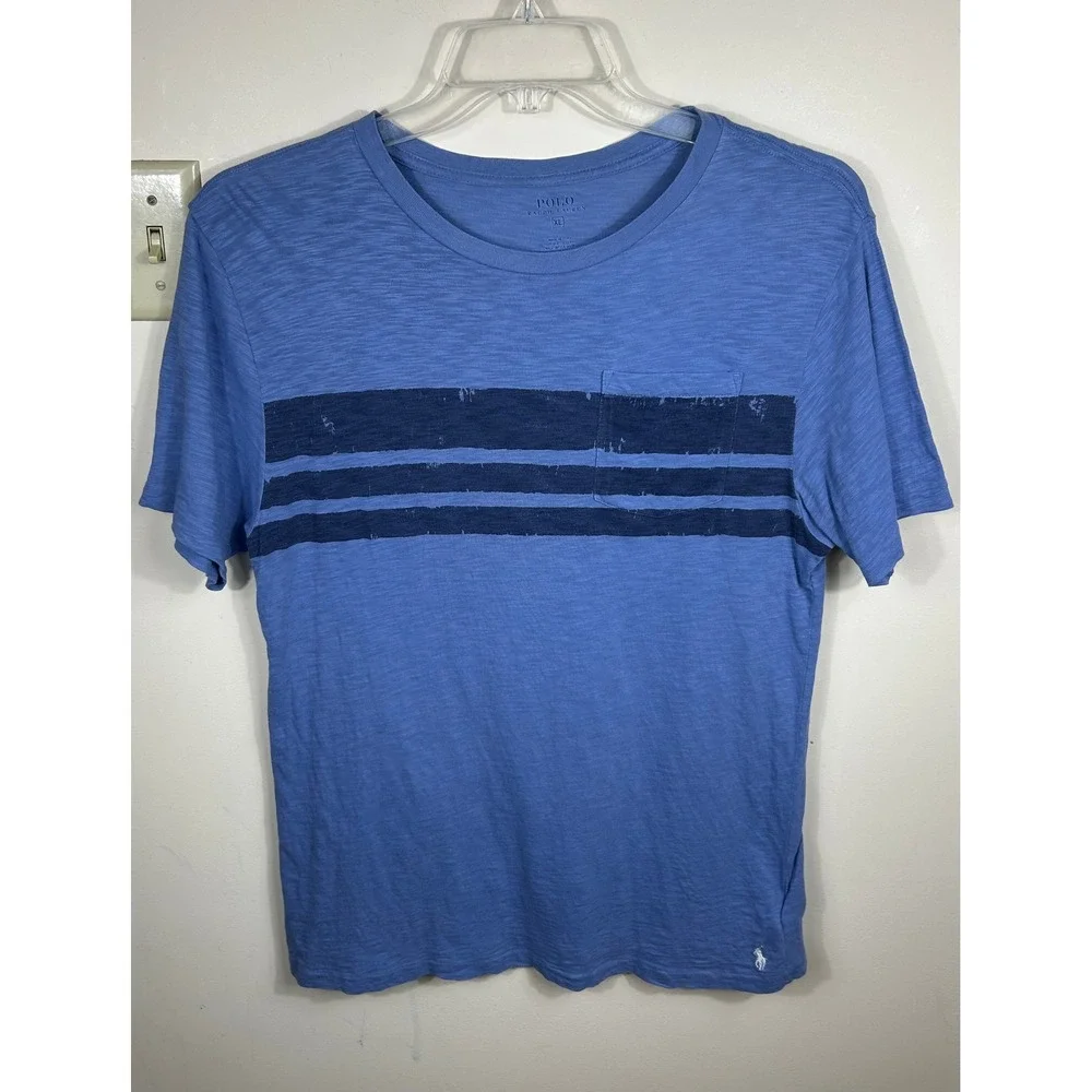 Polo Ralph Lauren Pocket T-Shirt Men XL Blue Striped Slub Cotton Heritage Preppy